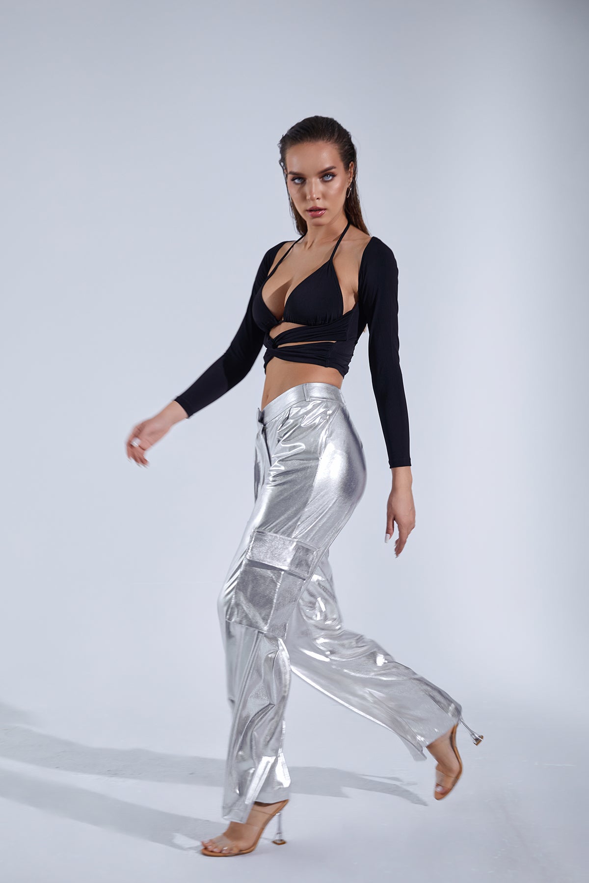 Metalik Silver Kargo Cep Pantolon