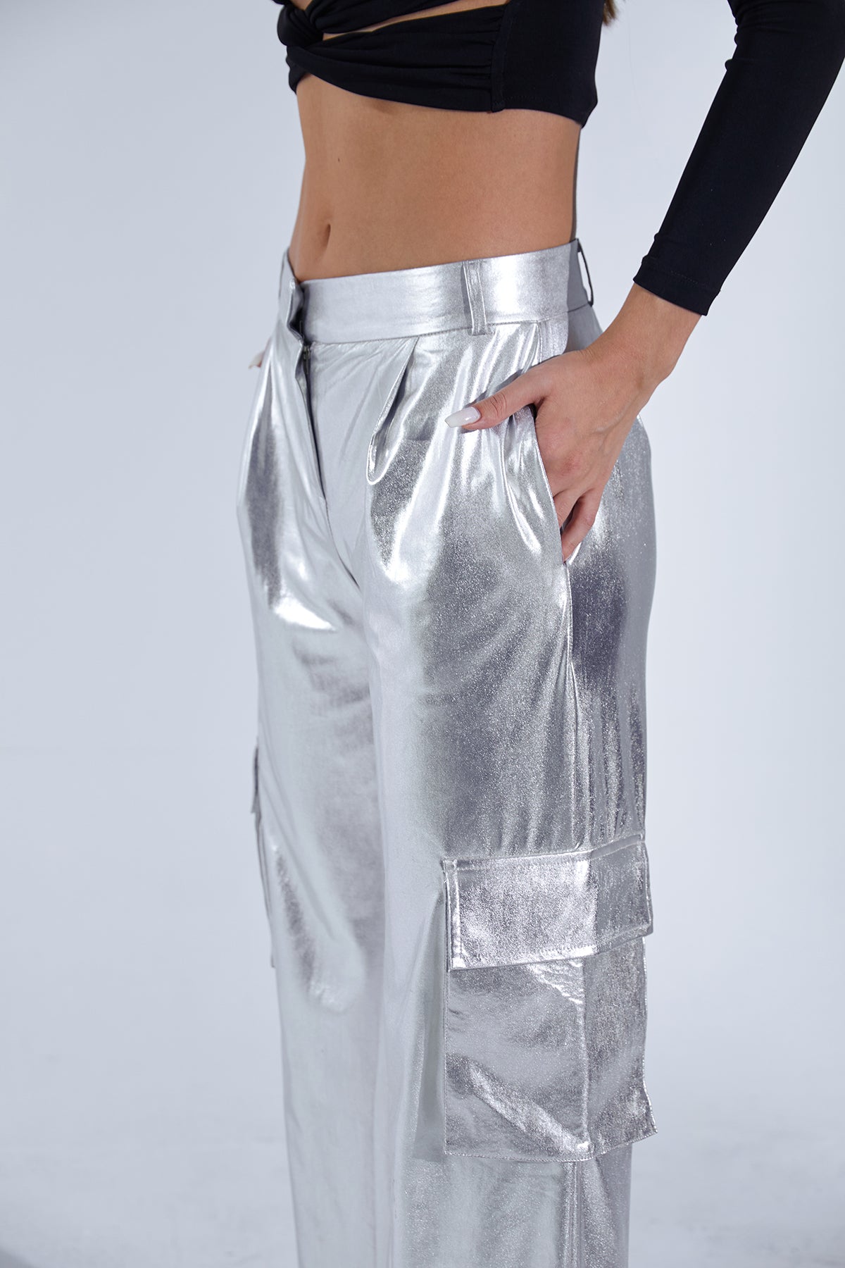 Metalik Silver Kargo Cep Pantolon