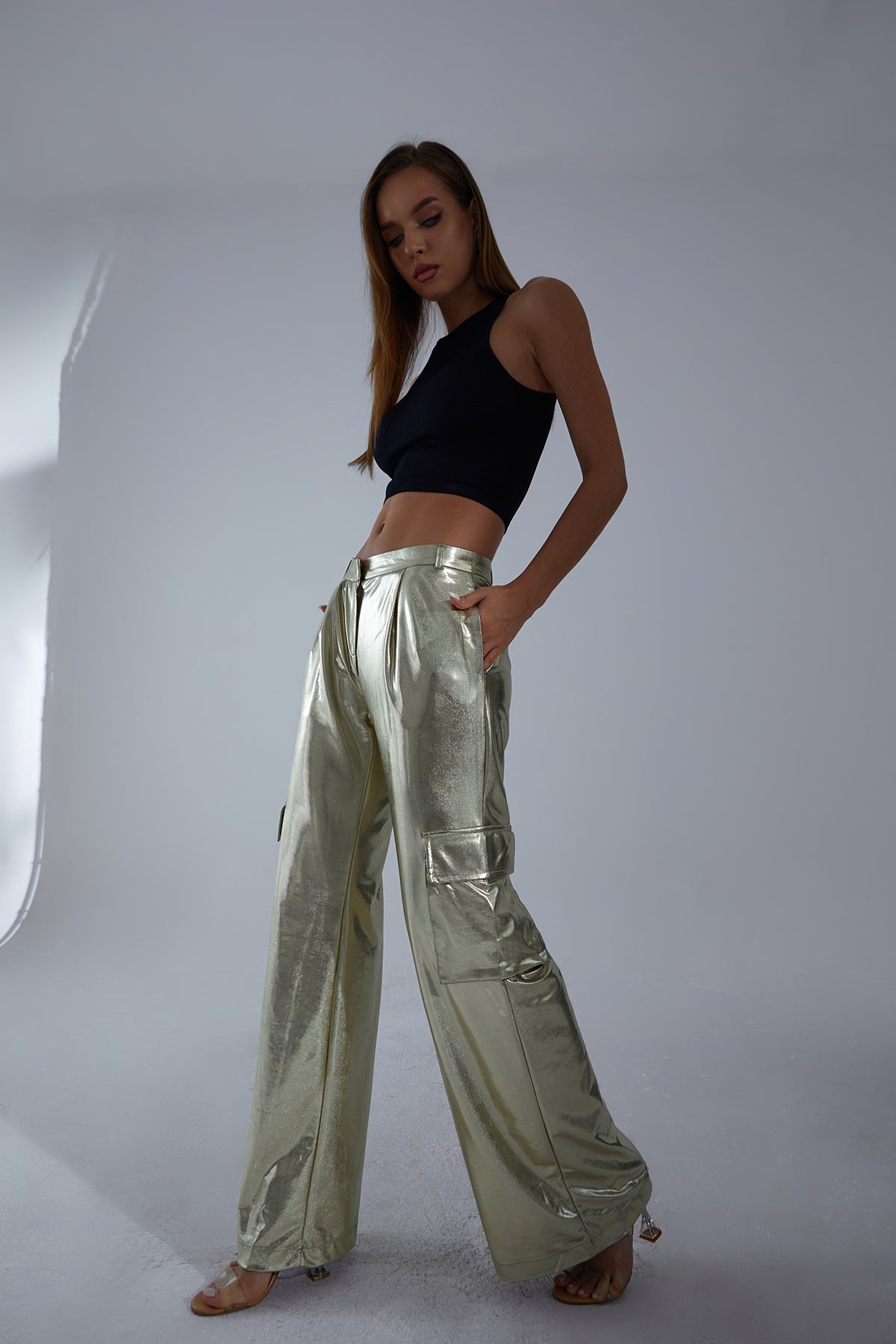 Metalik Gold Kargo Cep Pantolon