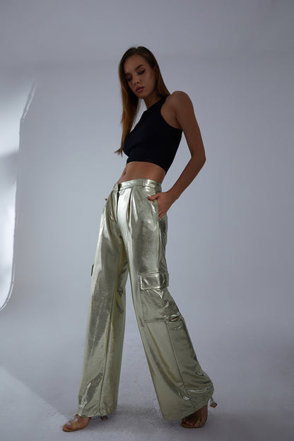 Metalik Gold Kargo Cep Pantolon