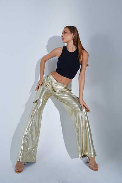 Metalik Gold Kargo Cep Pantolon