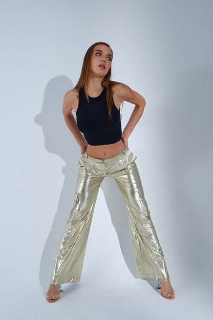 Metalik Gold Kargo Cep Pantolon