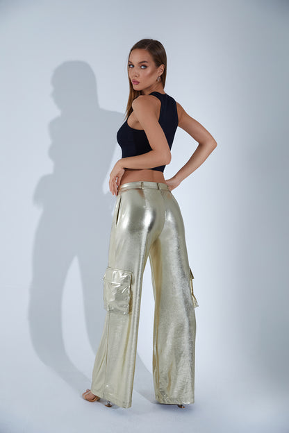 Metalik Gold Kargo Cep Pantolon