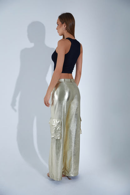 Metalik Gold Kargo Cep Pantolon